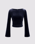Velvet Boat Neck Solid Ruched Long Sleeve Crop Top In Navy Blue