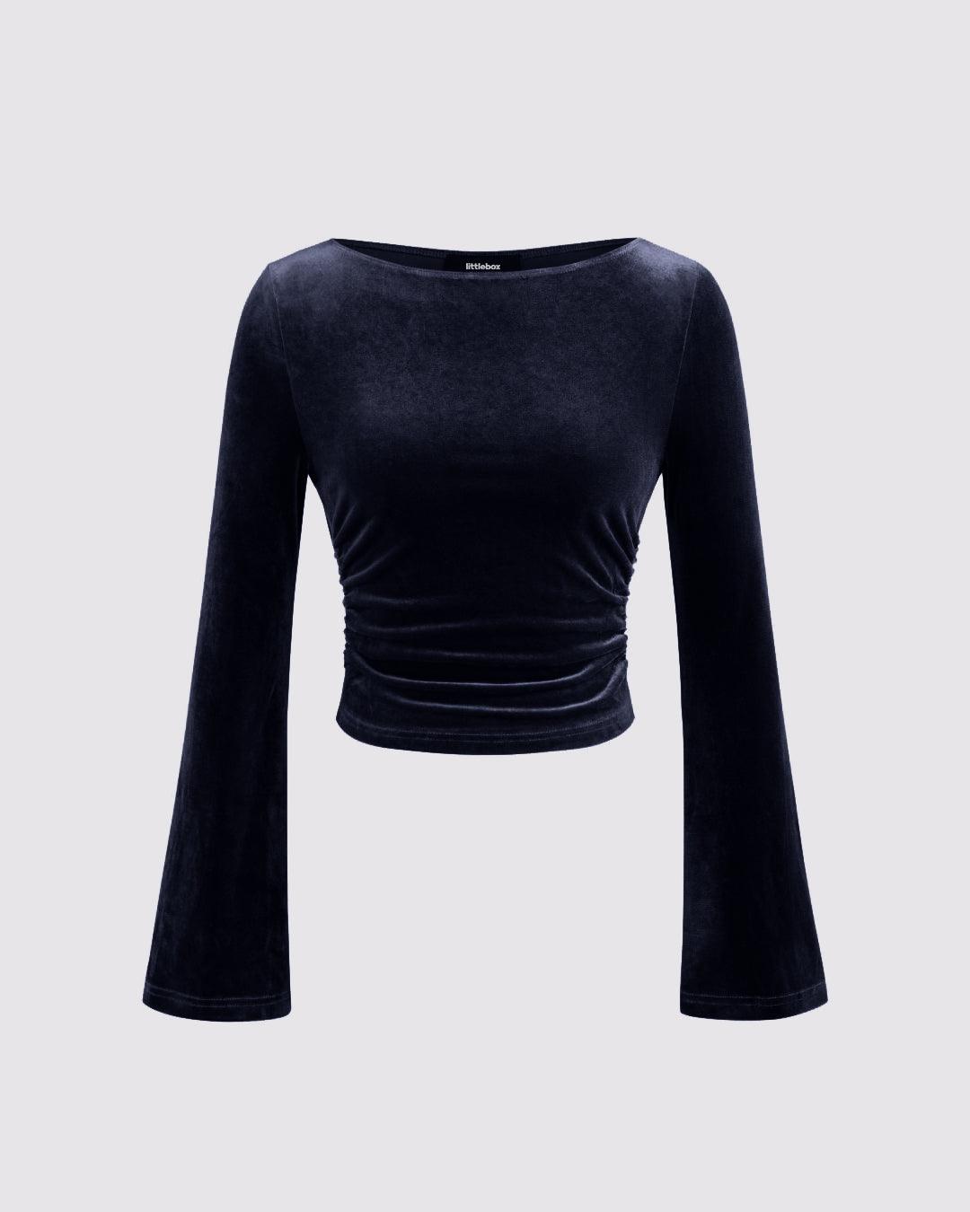 Velvet Boat Neck Solid Ruched Long Sleeve Crop Top In Navy Blue