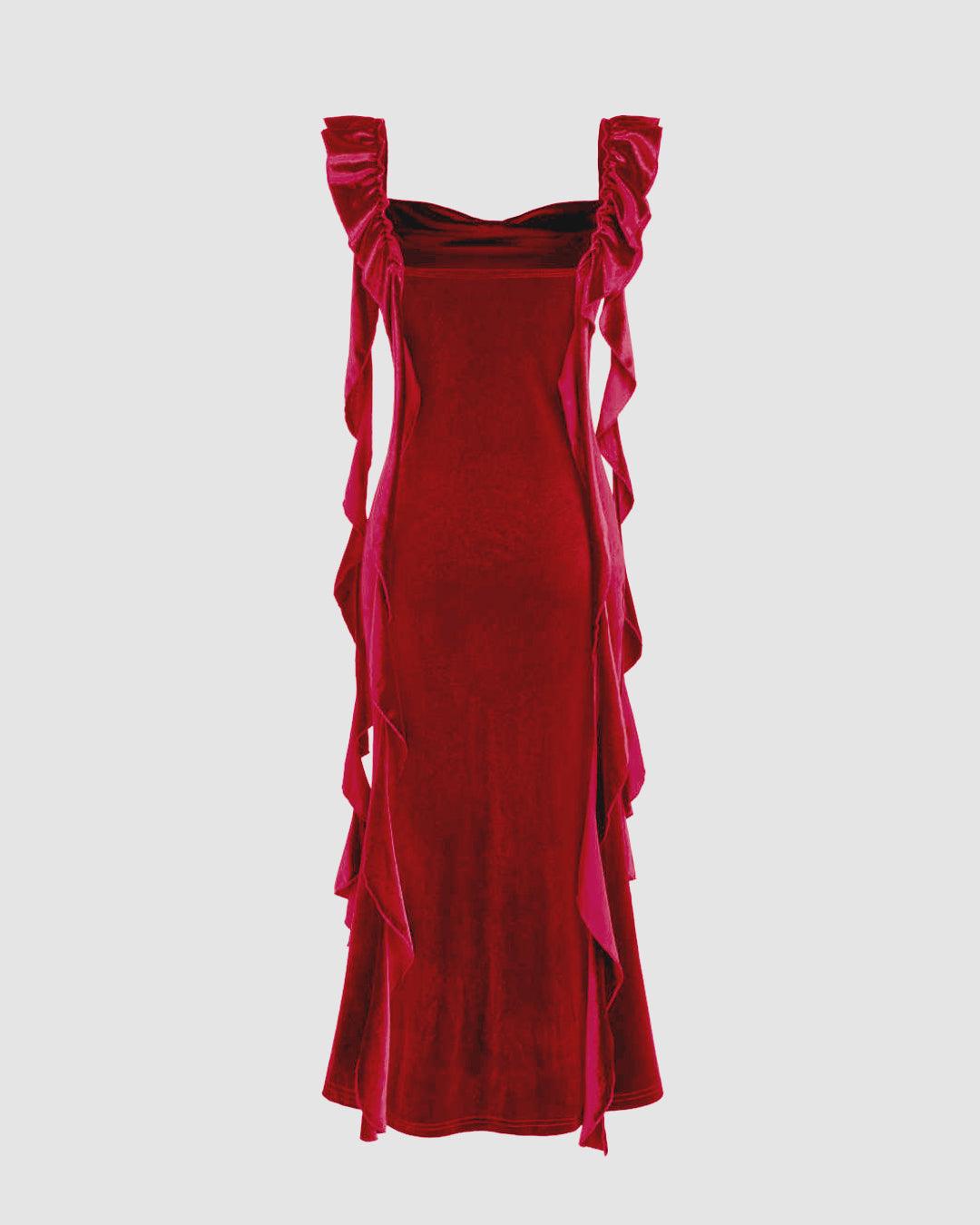 Velvet Cowl Neck Solid Ruffle Maxi Dress In Red