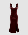Velvet Sweetheart Neckline Split Ruched Knotted Maxi Dress In Cherry Red