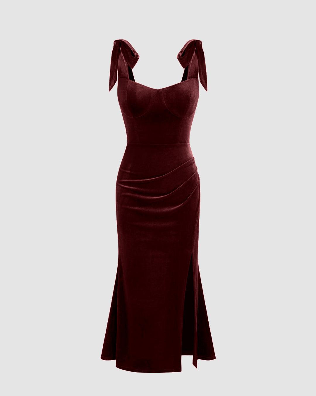 Velvet Sweetheart Neckline Split Ruched Knotted Maxi Dress In Cherry Red