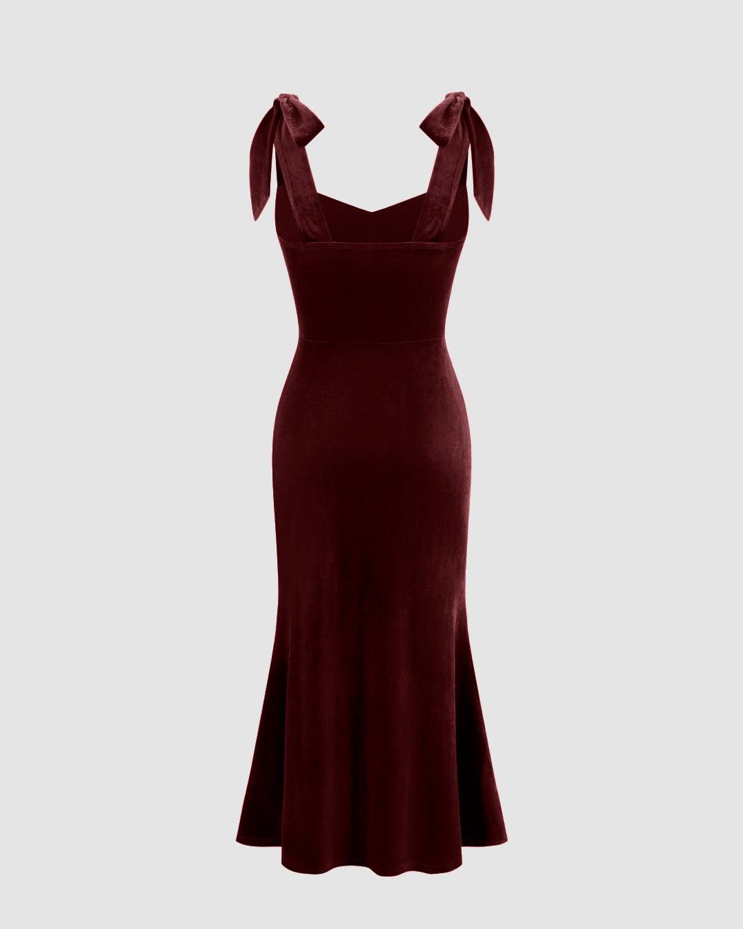 Velvet Sweetheart Neckline Split Ruched Knotted Maxi Dress In Cherry Red