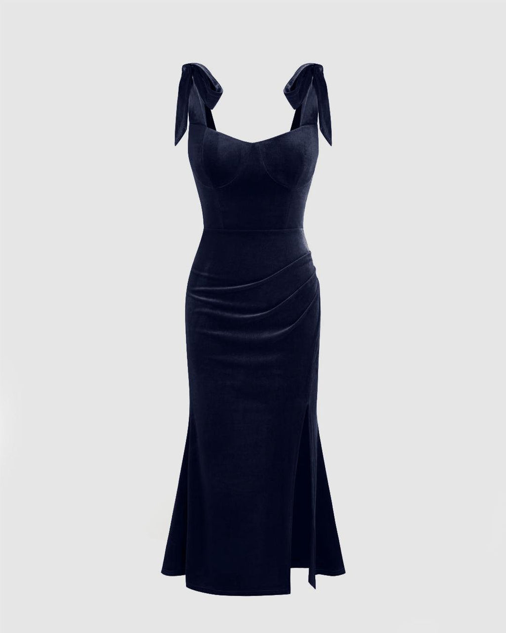 Velvet Sweetheart Neckline Split Ruched Knotted Maxi Dress In Navy Blue