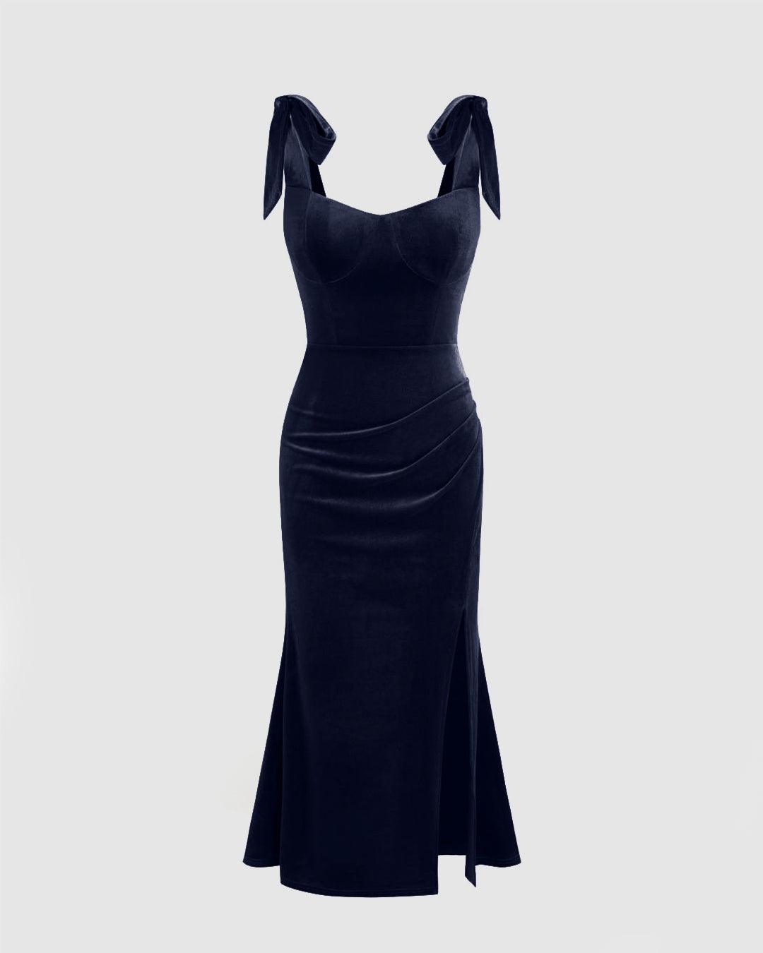 Velvet Sweetheart Neckline Split Ruched Knotted Maxi Dress In Navy Blue