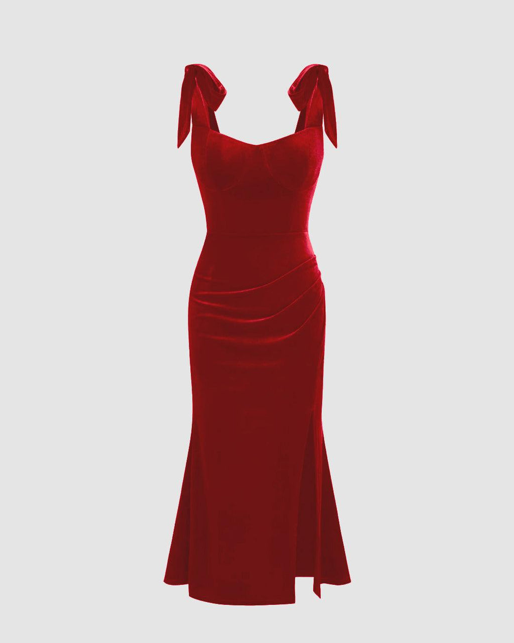 Velvet Sweetheart Neckline Split Ruched Knotted Maxi Dress In Red