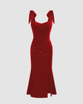 Velvet Sweetheart Neckline Split Ruched Knotted Maxi Dress In Red