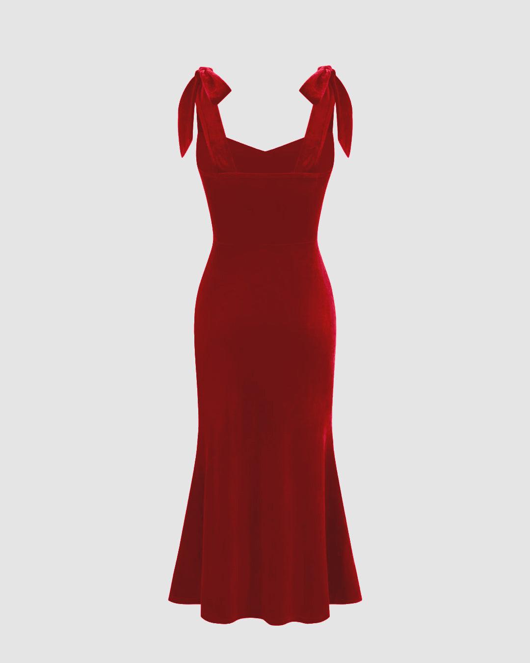 Velvet Sweetheart Neckline Split Ruched Knotted Maxi Dress In Red