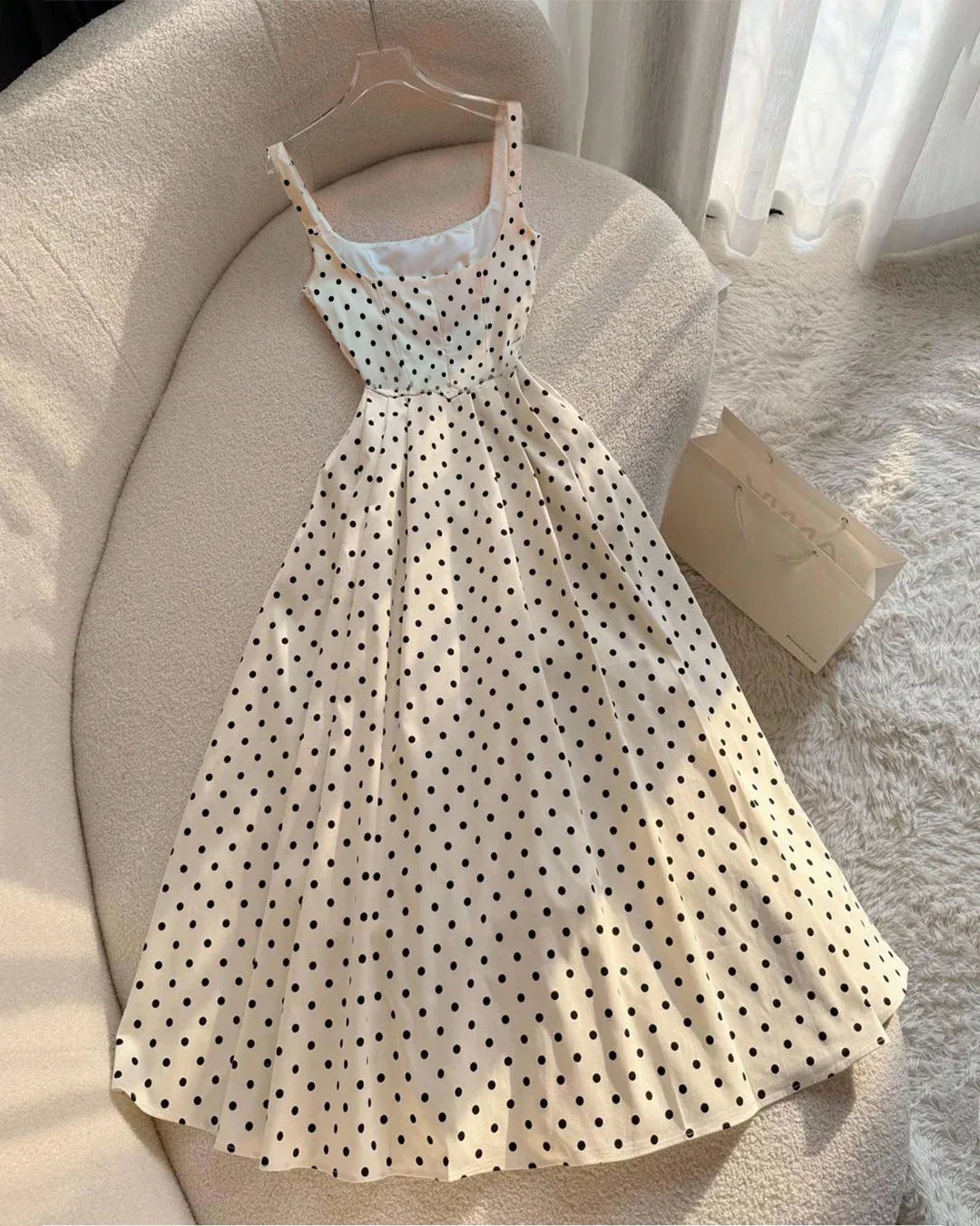 Vintage-Inspired Polka Dot Fit and Flare Midi Dress in White