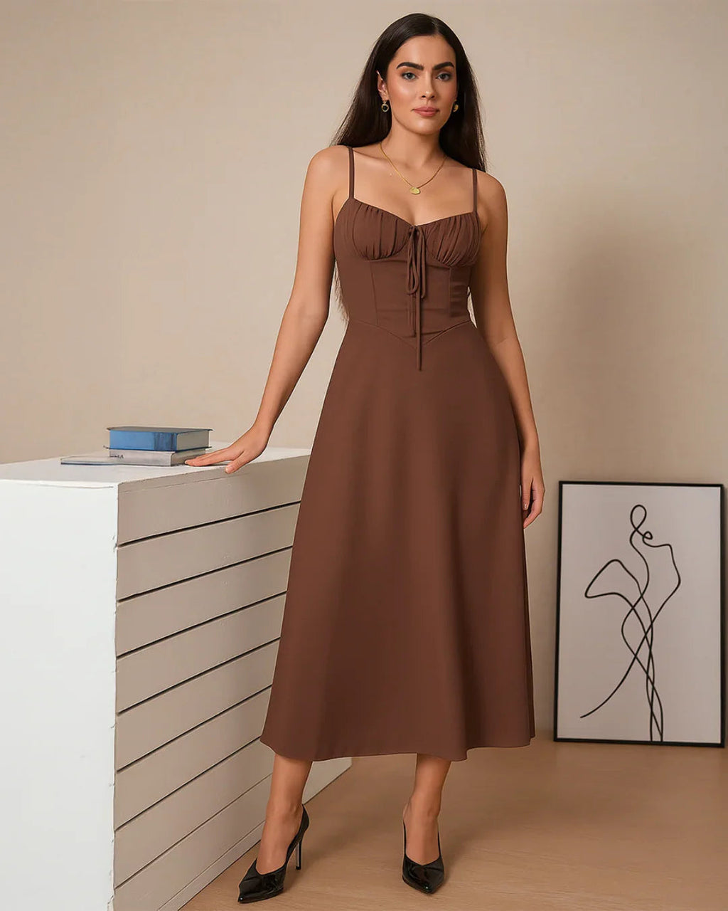 Vintage-Inspired Bustier Midi Dress in English Brown