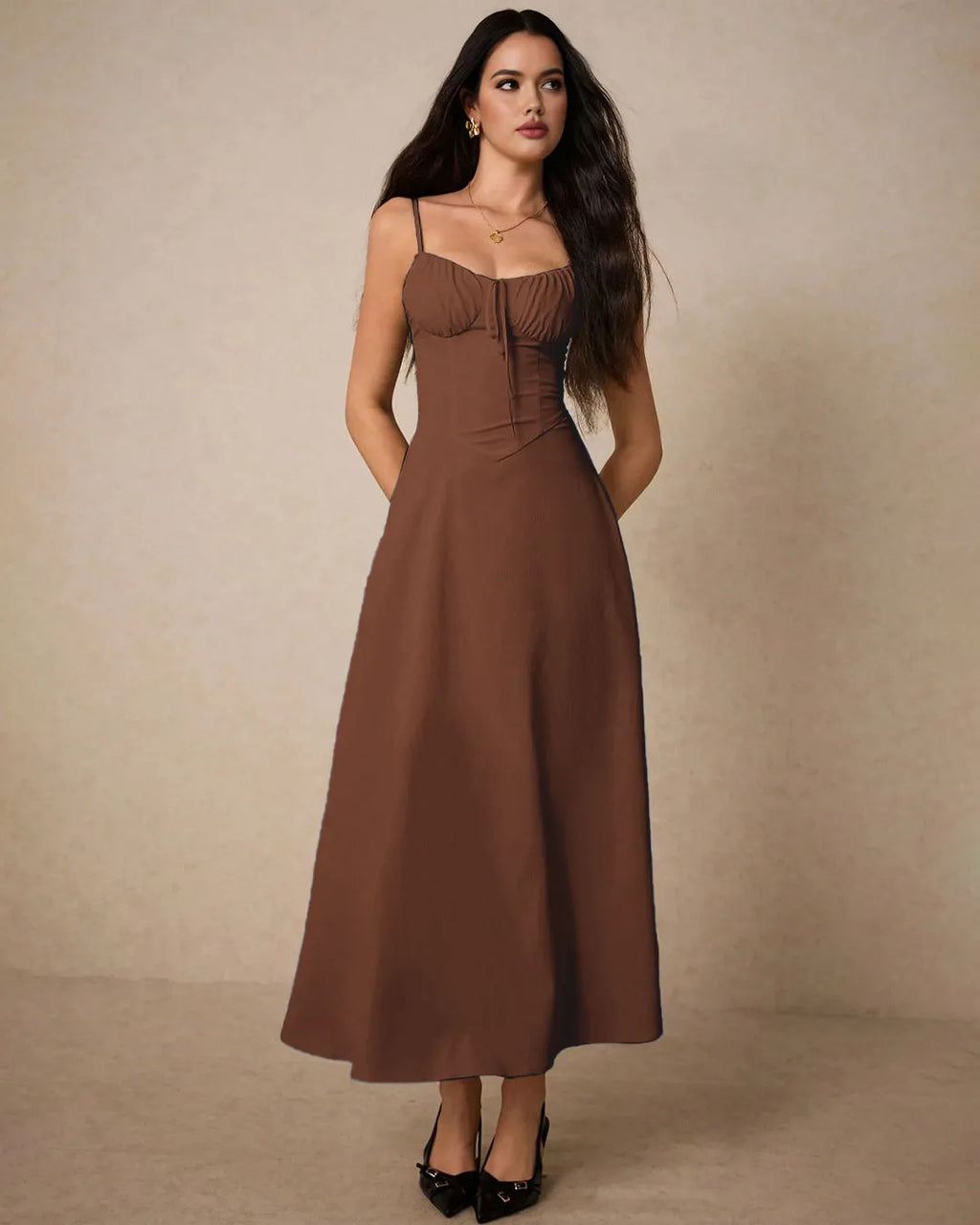 Vintage-Inspired Bustier Midi Dress in English Brown