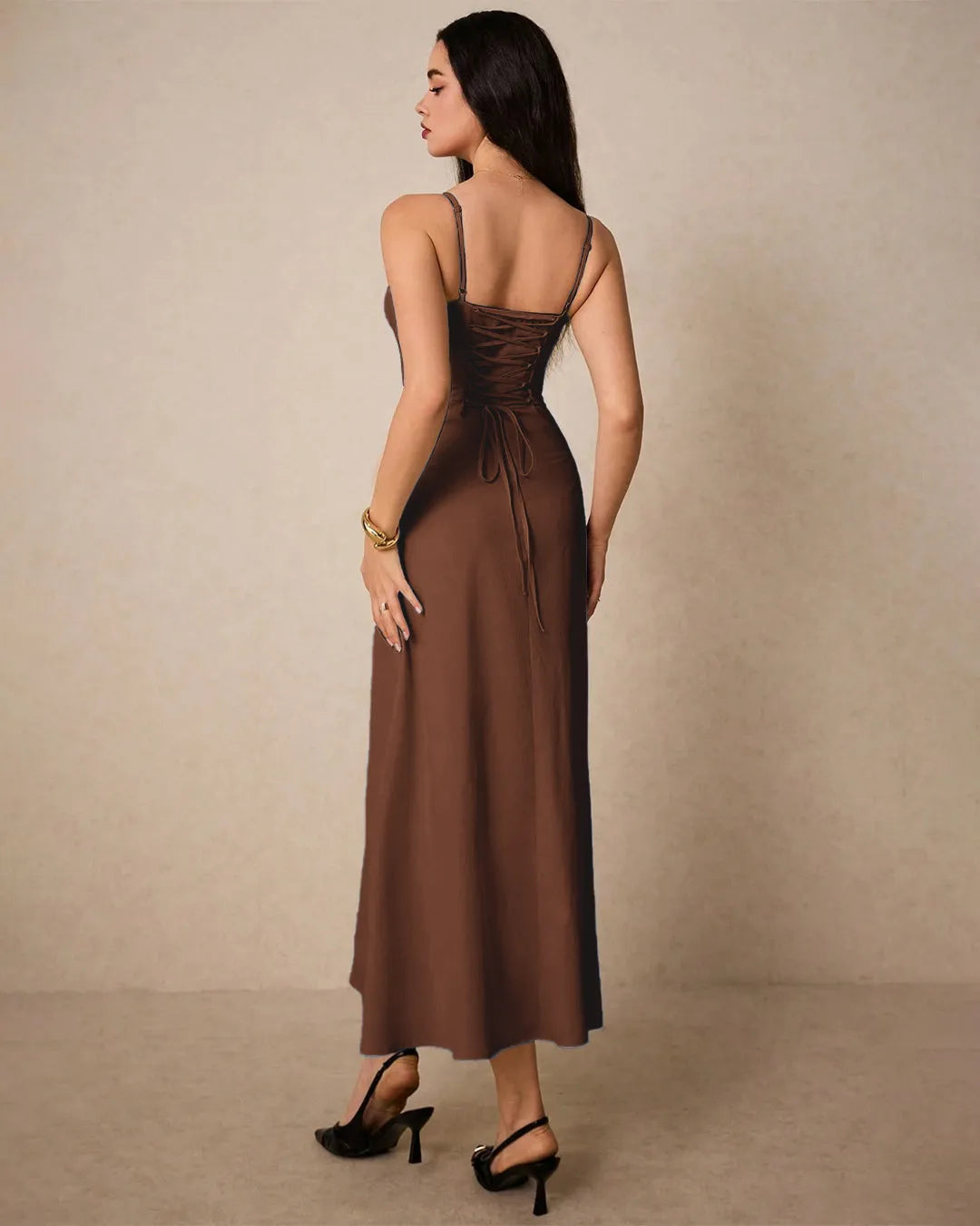 Vintage-Inspired Bustier Midi Dress in English Brown