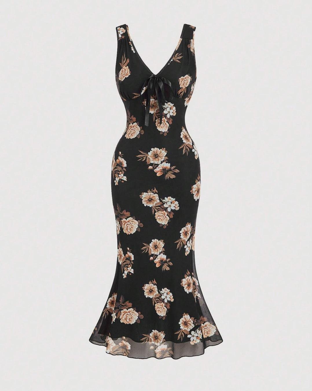 Sleeveless V-Neck Floral Midi Printed Dress