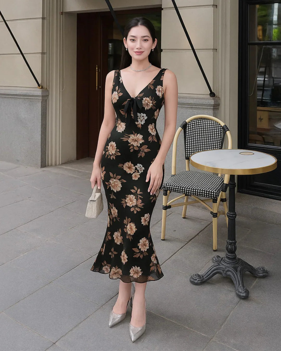 Sleeveless V-Neck Floral Midi Printed Dress