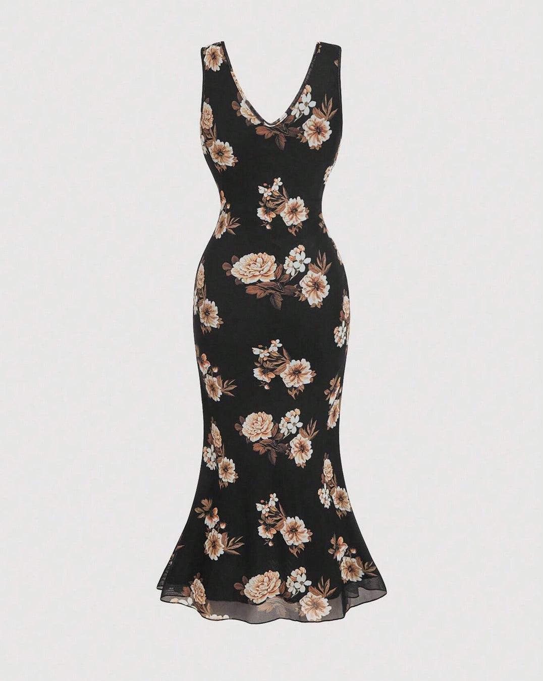 Sleeveless V-Neck Floral Midi Printed Dress