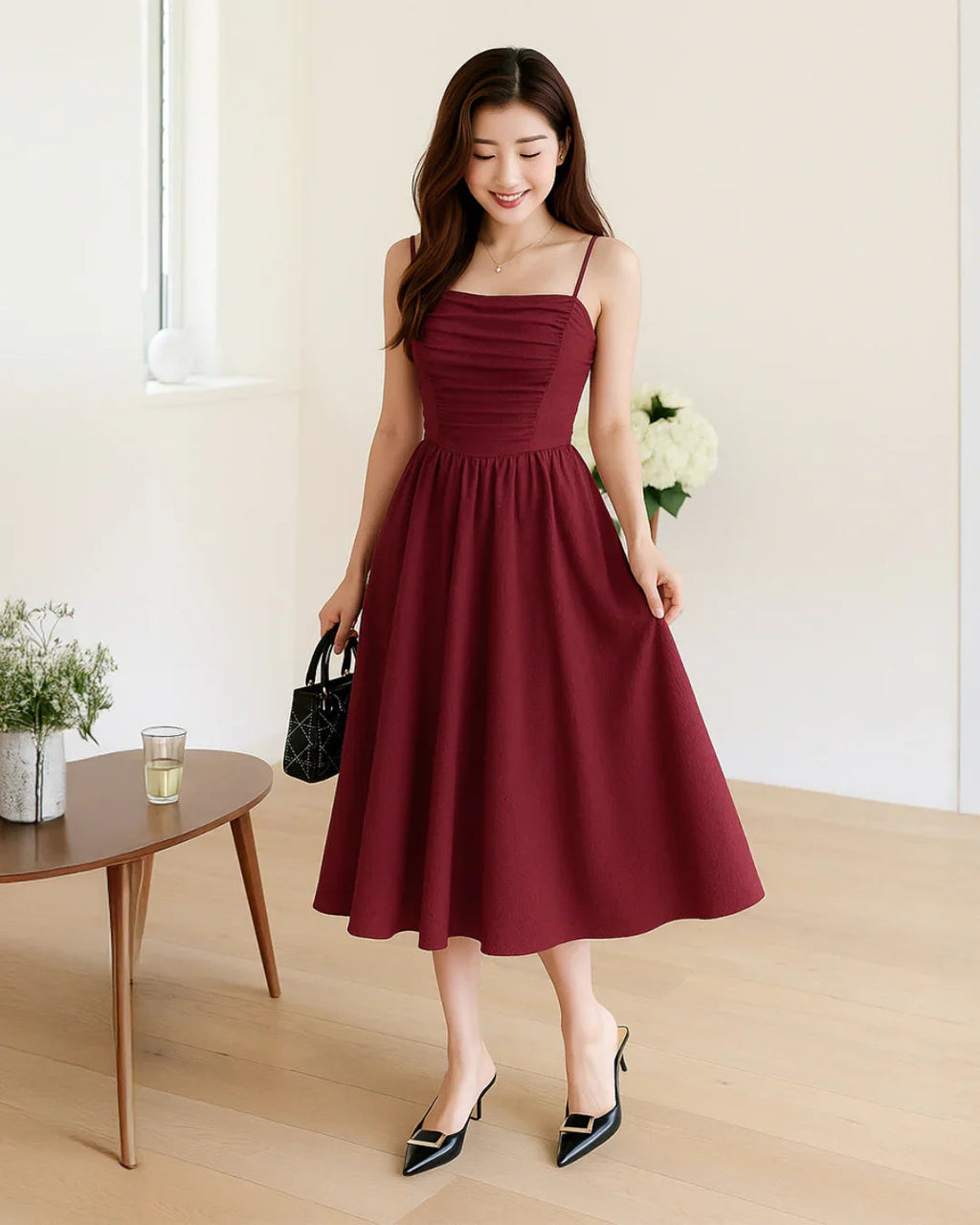 Vintage Retro Spaghetti Strap Maroon Dress