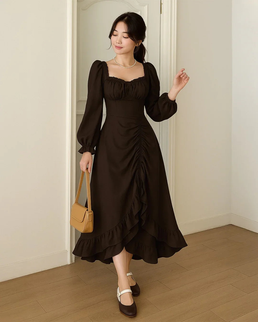 Vintage Square Collar Puff Sleeve Drawstring Ruffle Long Dress