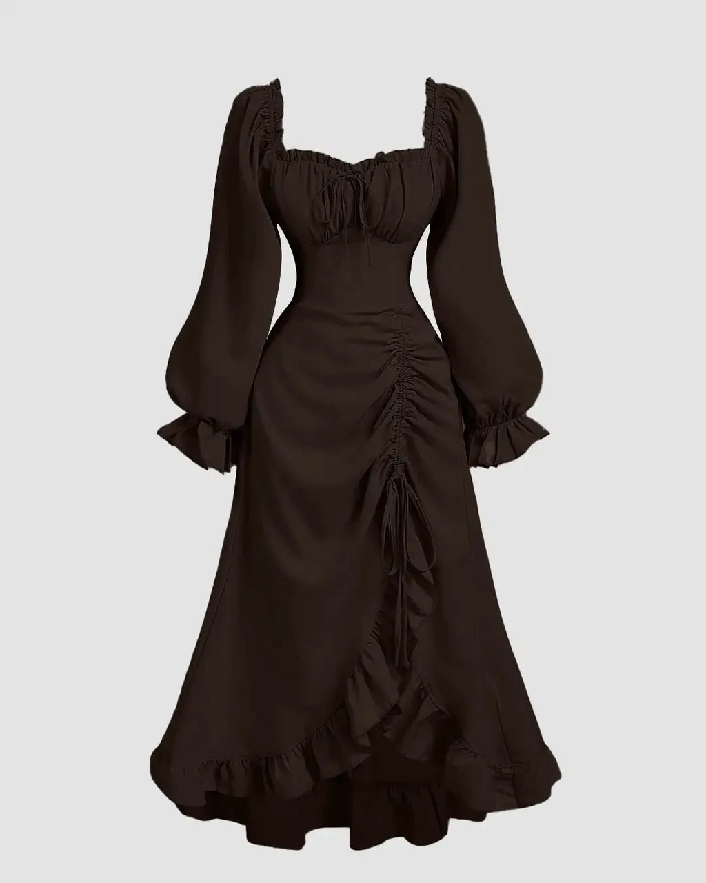 Vintage Square Collar Puff Sleeve Drawstring Ruffle Long Dress