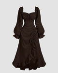 Vintage Square Collar Puff Sleeve Drawstring Ruffle Long Dress