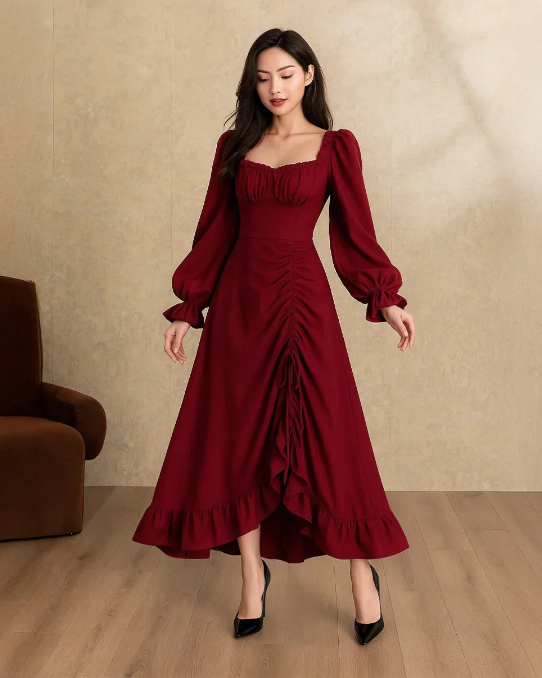 Long Sleeve Ruffle Midi Dress in Cherry Red