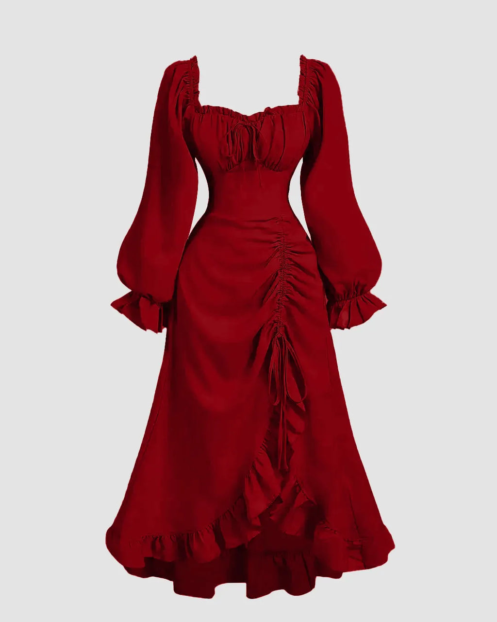 Long Sleeve Ruffle Midi Dress in Cherry Red