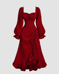 Long Sleeve Ruffle Midi Dress in Cherry Red