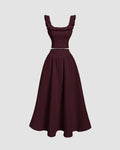 Vintage Style Sleeveless Maroon Top And Skirt Set