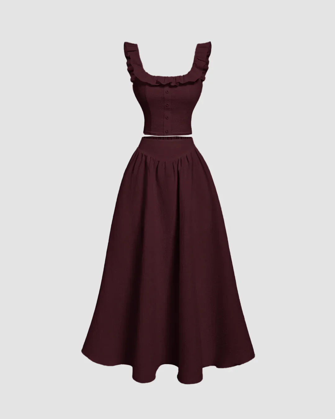 Vintage Style Sleeveless Maroon Top And Skirt Set
