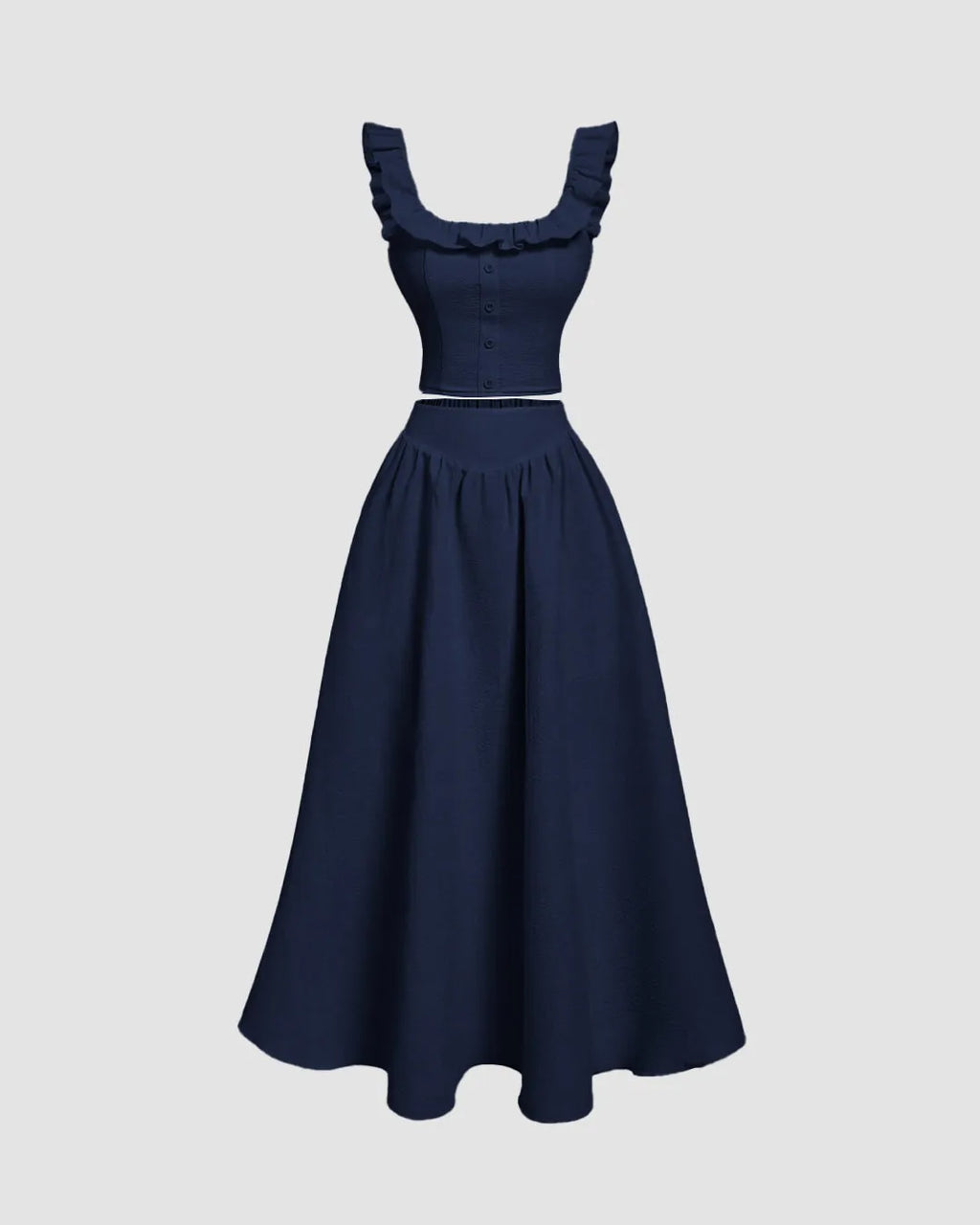 Vintage Style Sleeveless Navy Blue Top And Skirt Set