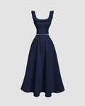 Vintage Style Sleeveless Navy Blue Top And Skirt Set