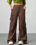 Vintage Wide Leg Flap Pockets Cargo Pants In Chocolate Brown