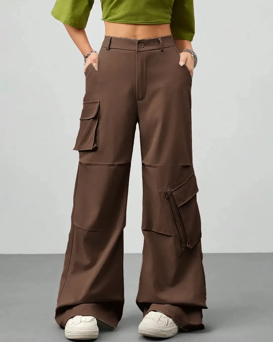 Vintage Wide Leg Flap Pockets Cargo Pants In Chocolate Brown
