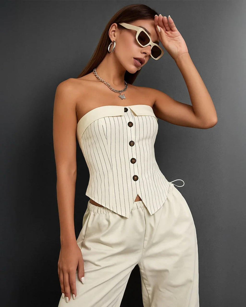 Striped Suit Off-White Fabric Button Front Bandeau Top