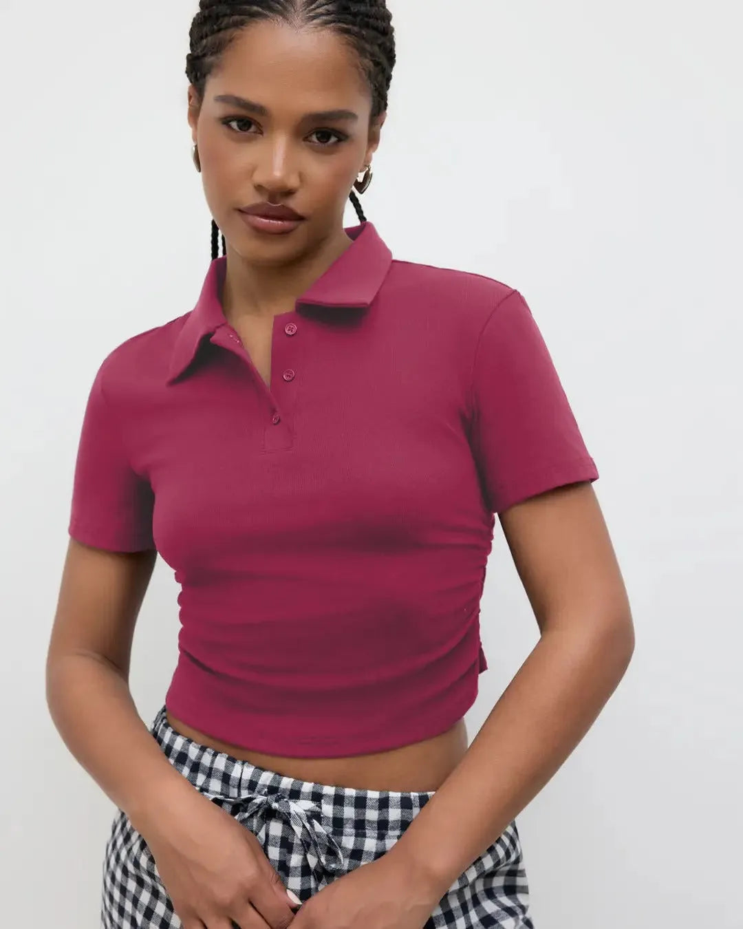 Solid Fitted Ribbed Button Short Sleeve Crop Top In Ruby