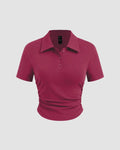 Solid Fitted Ribbed Button Short Sleeve Crop Top In Ruby
