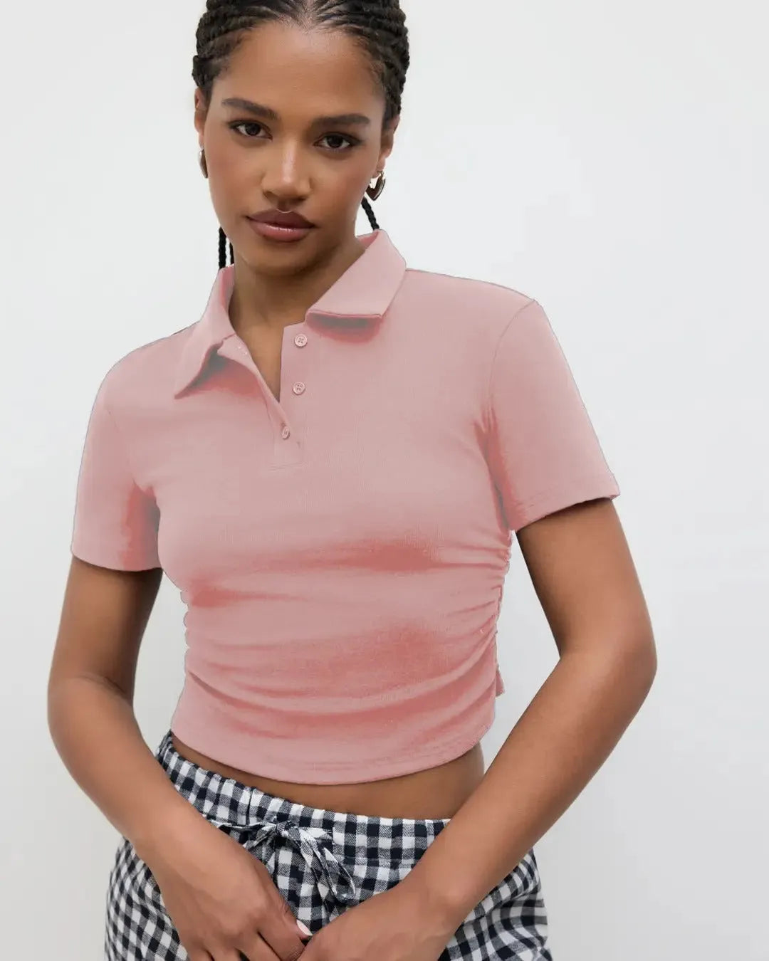 Solid Fitted Ribbed Button Short Sleeve Crop Top In Rose Pink