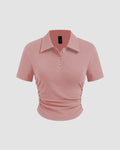 Solid Fitted Ribbed Button Short Sleeve Crop Top In Rose Pink