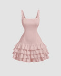 Square Neck Layered Cake Dress In Powder Pink