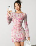 Pink Floral Full Sleeve Bodycon Mini Dress