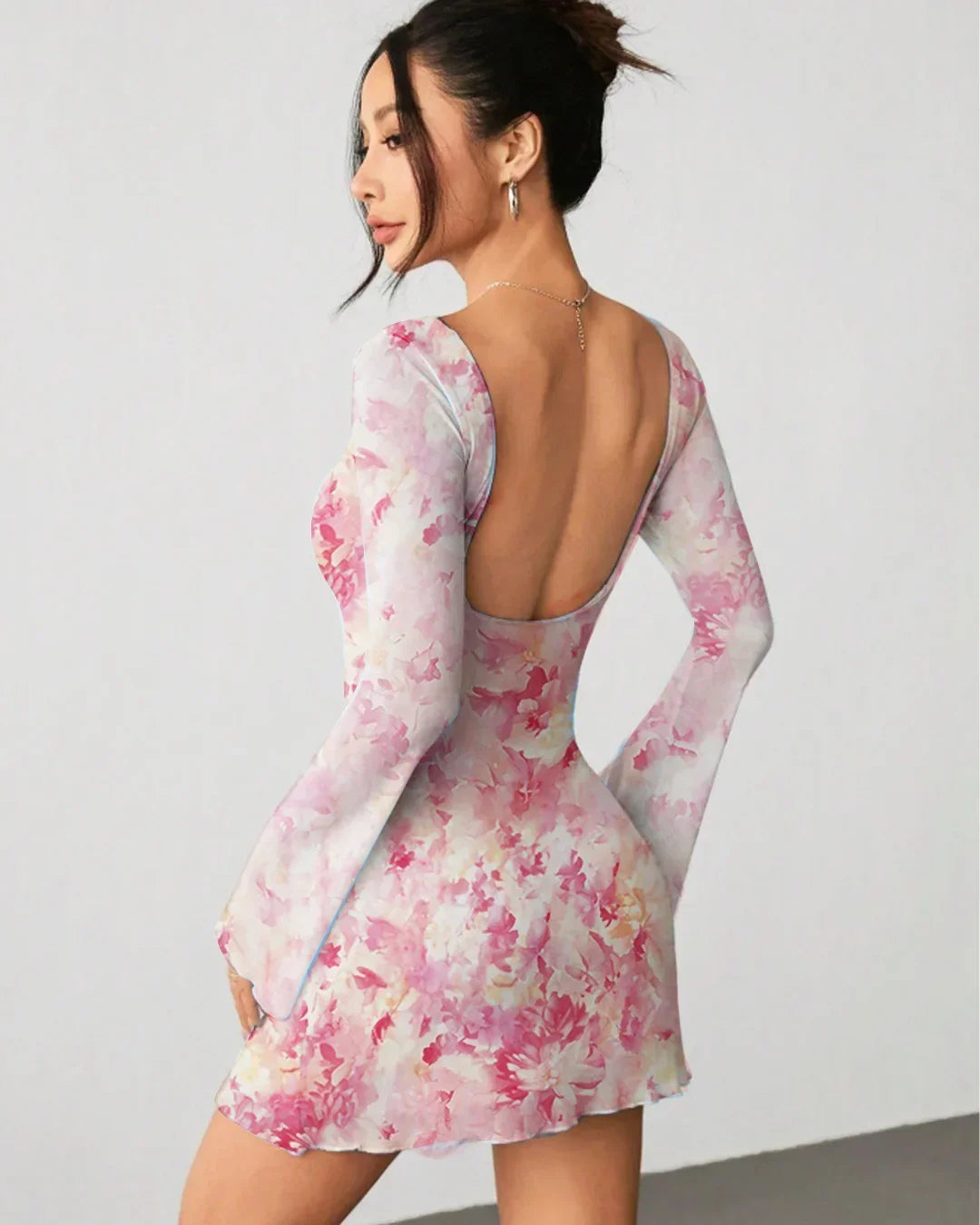Pink Floral Full Sleeve Bodycon Mini Dress