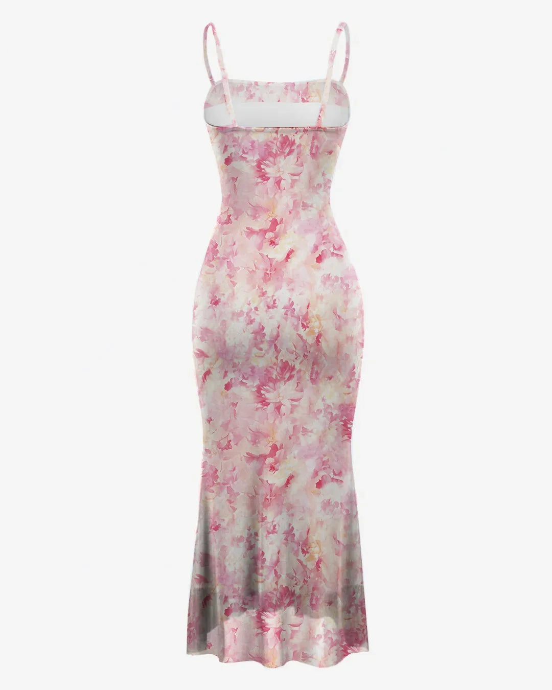 Pink Floral Ruched Spaghetti Strap Bodycon Midi Dress