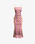 Pink Floral Ruched Spaghetti Strap Bodycon Midi Dress