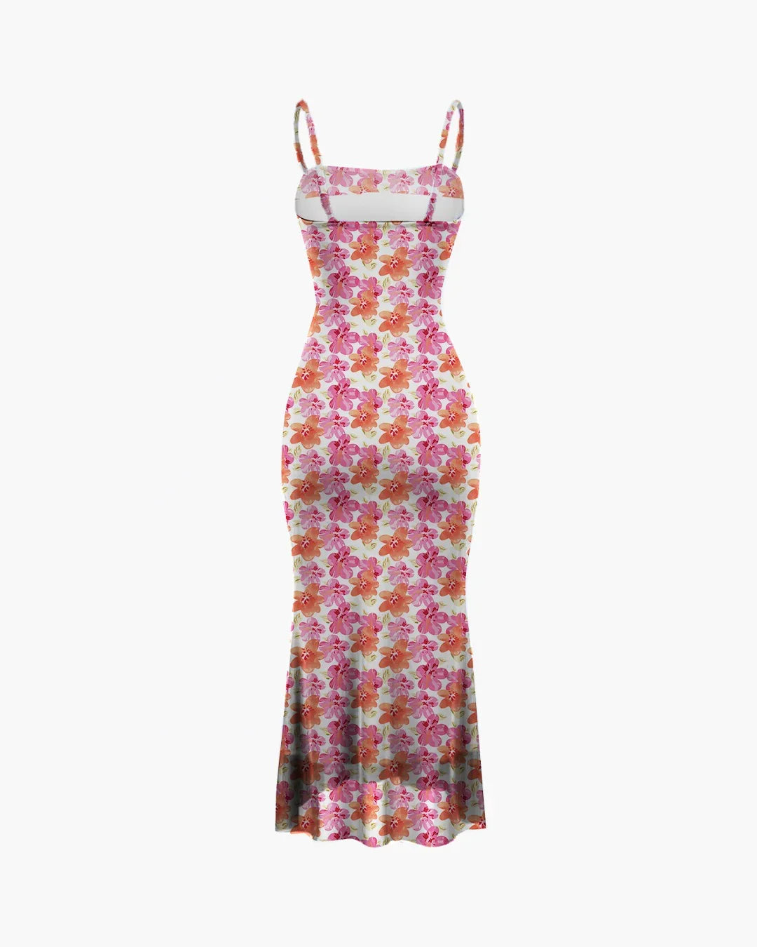 Pink Floral Ruched Spaghetti Strap Bodycon Midi Dress