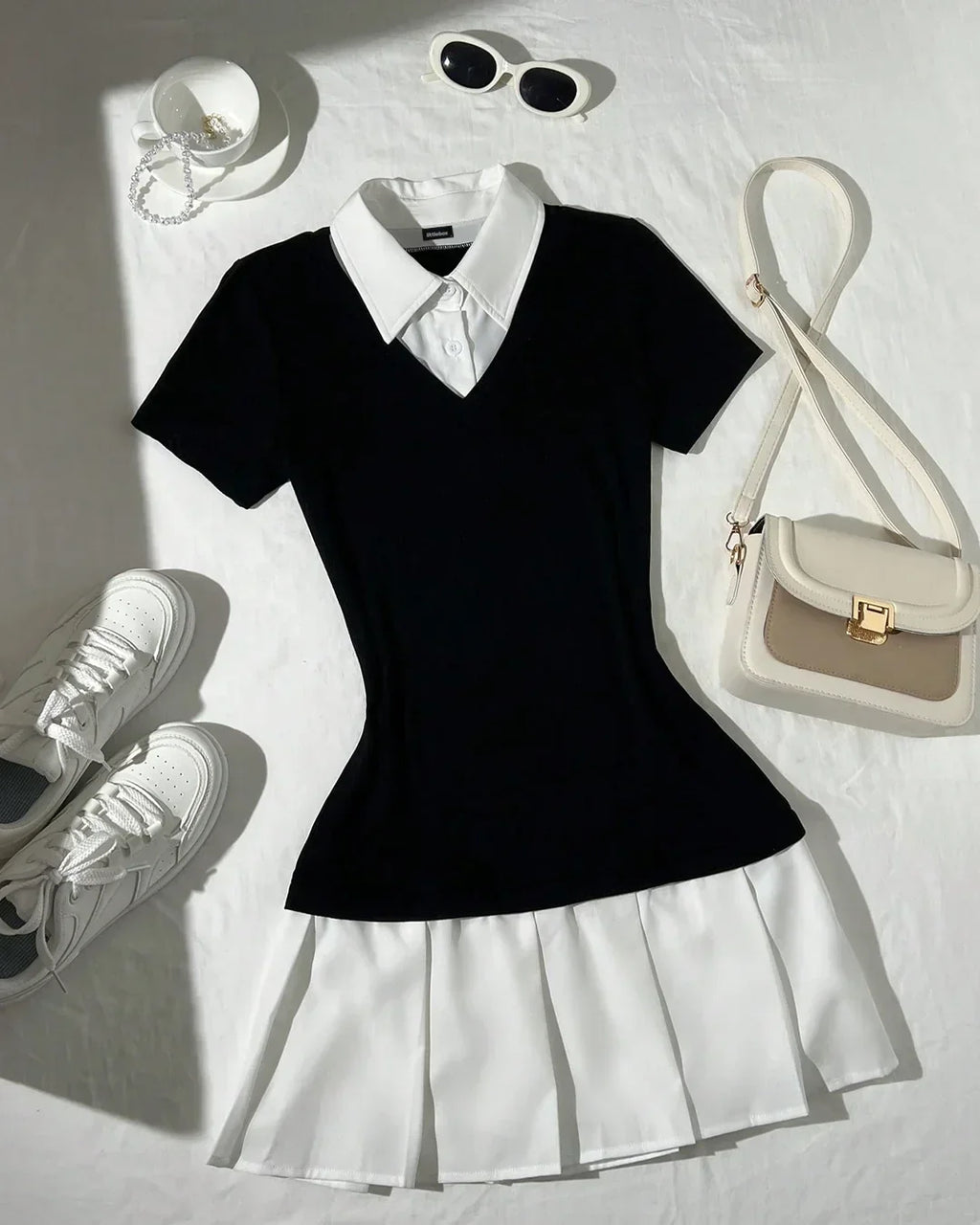 Black Collared Top with White Pleated Skirt Dress
