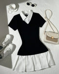 Black Collared Top with White Pleated Skirt Dress