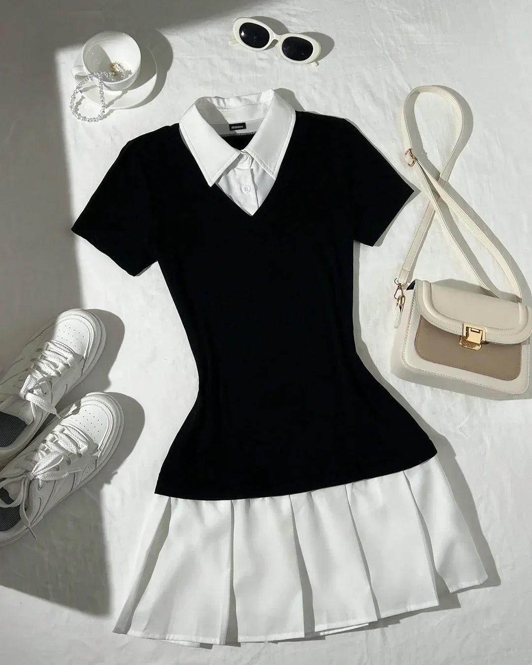 Black Collared Top with White Pleated Skirt Dress