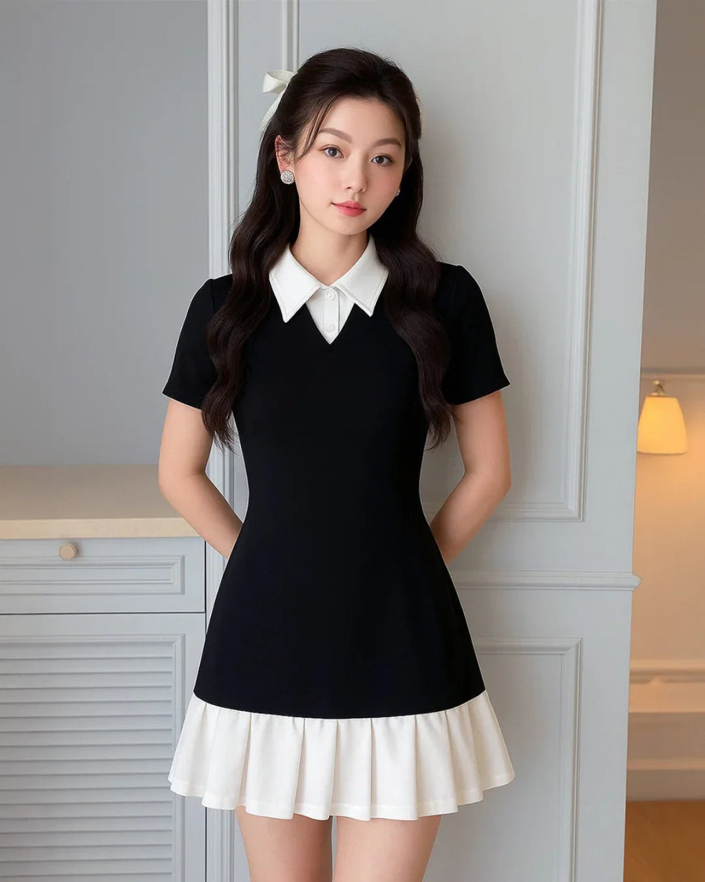 Black Collared Top with White Pleated Skirt Dress