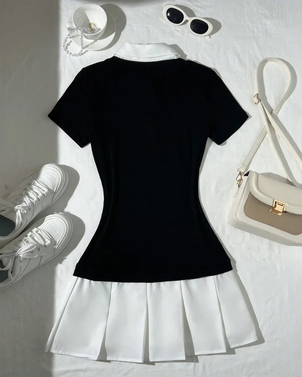 Black Collared Top with White Pleated Skirt Dress