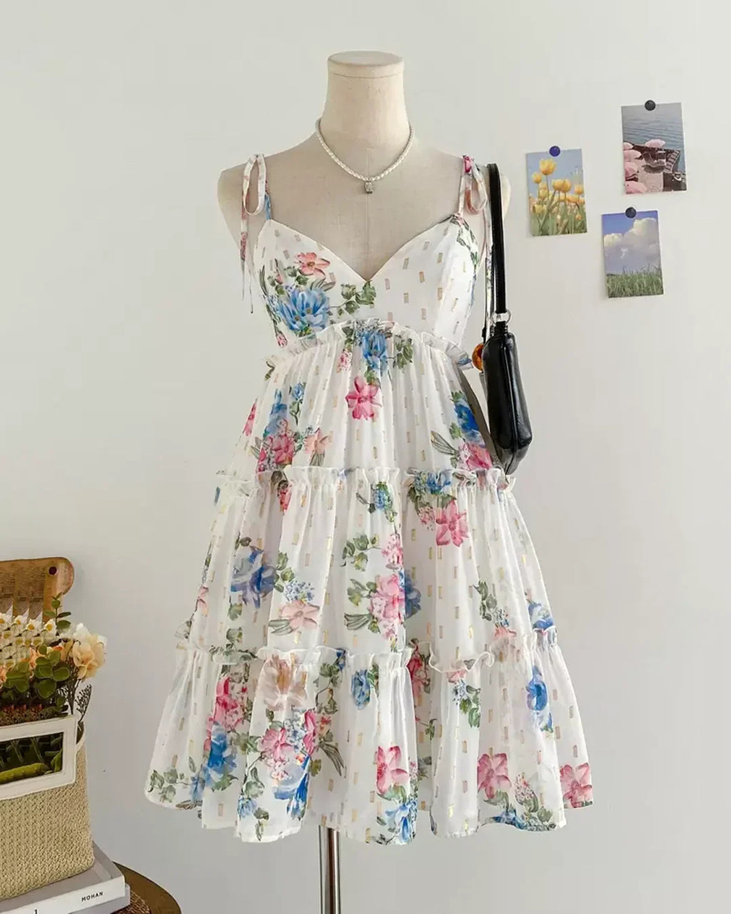 White Floral Spaghetti Strap Fit and Flare Dress