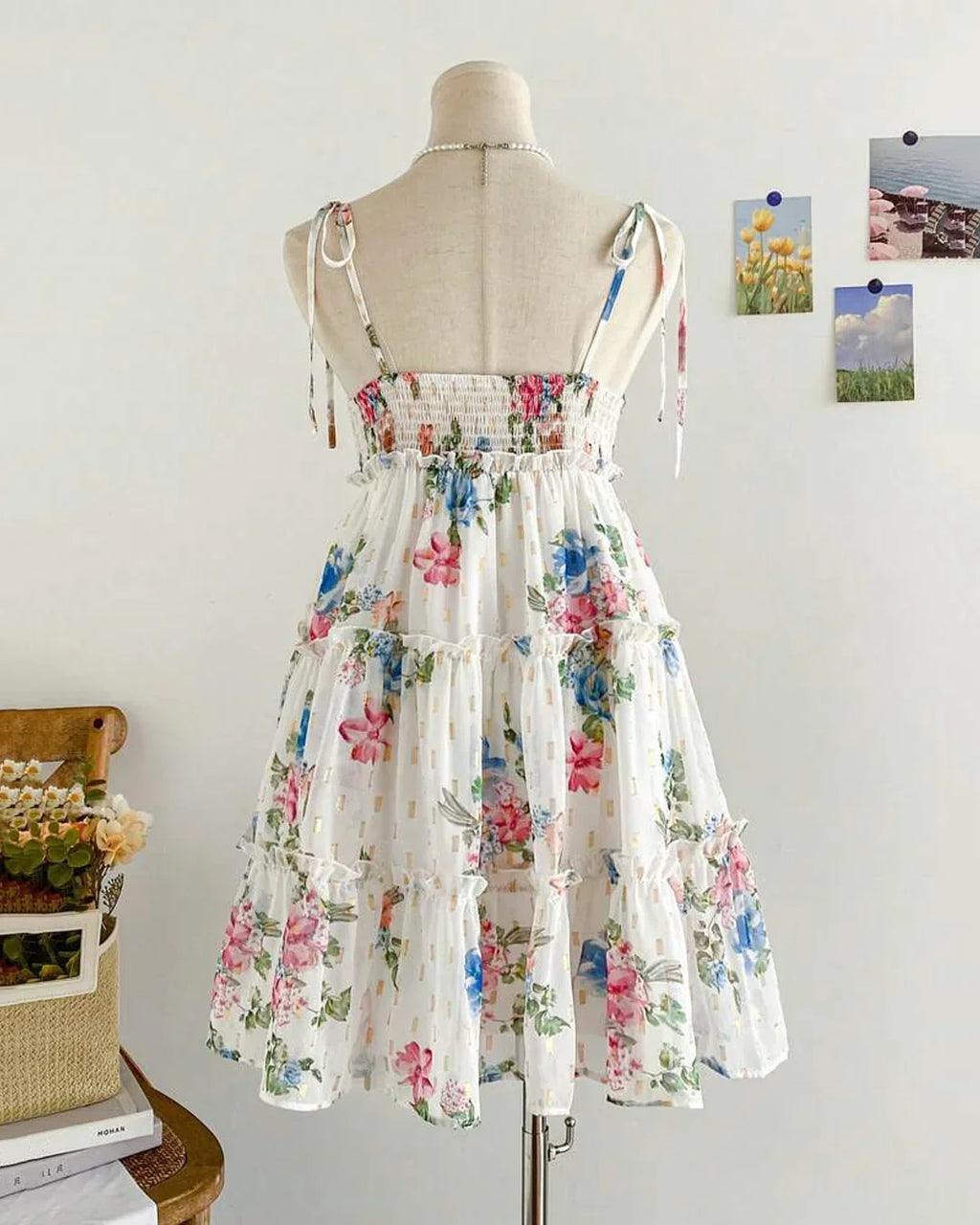 White Floral Spaghetti Strap Fit and Flare Dress