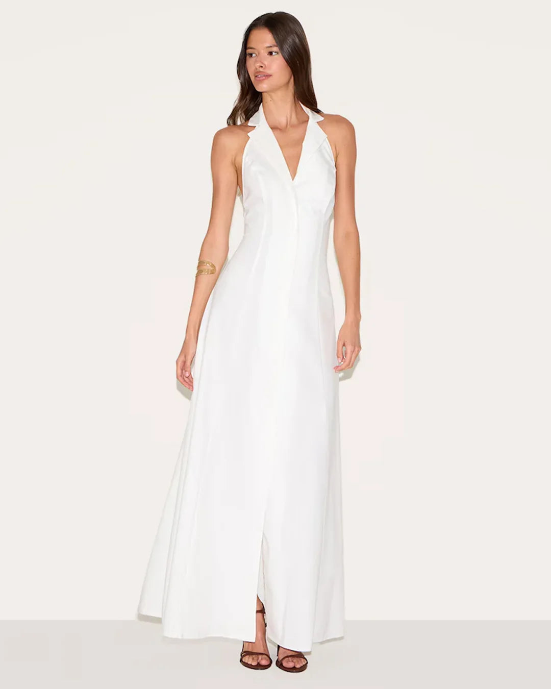 White Halter Neck Front Slit Maxi Dress
